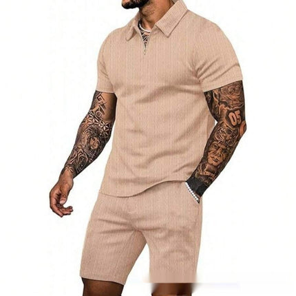 Zip Up Short Sleeve Shorts Men's Casual Set
