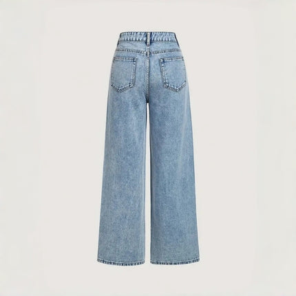 Women's Loose Mid-Waist Stretch Straight Jeans With Rhinestones
