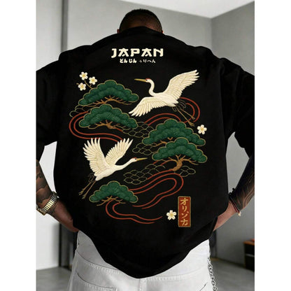 Men's Casual Versatile Simple Japanese Crane Print Top