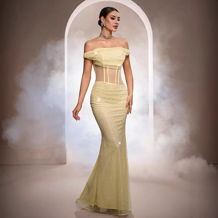 Sleeveless Off-the-shoulder Sequined Mermaid Evening Gown