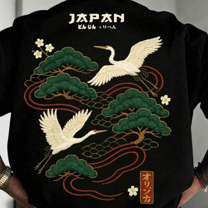 Men's Casual Versatile Simple Japanese Crane Print Top