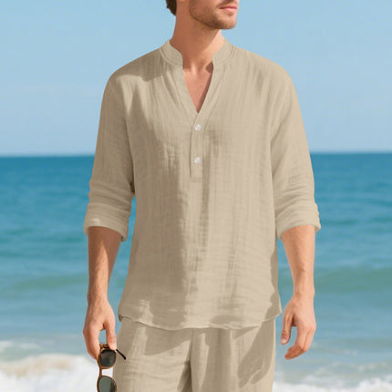 Autumn Linen Men's Long-Sleeve T-Shirt With Stand Collar And Buttons