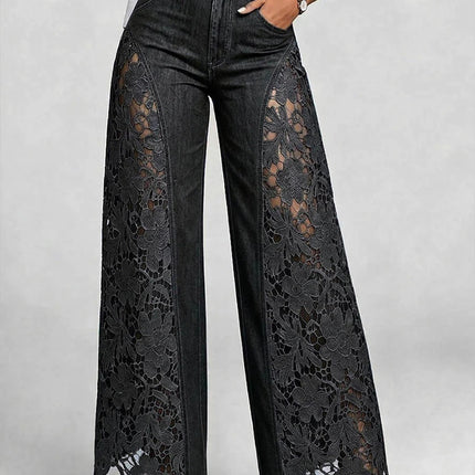 High-waisted Wide-leg Pants Womens Lace-panelled Jeans
