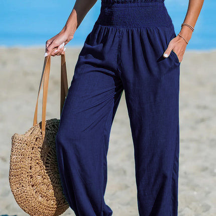 Women's Solid-Color Loose Beach Casual Ankle-Tied Pants