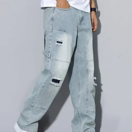 Men's Light Blue Ripped Jeans, Loose Straight Leg, All Season Wear