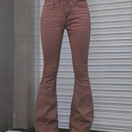 Women's Brown High Rise Flare Jeans, Washed Stretchy Bell Bottom Denim Pants