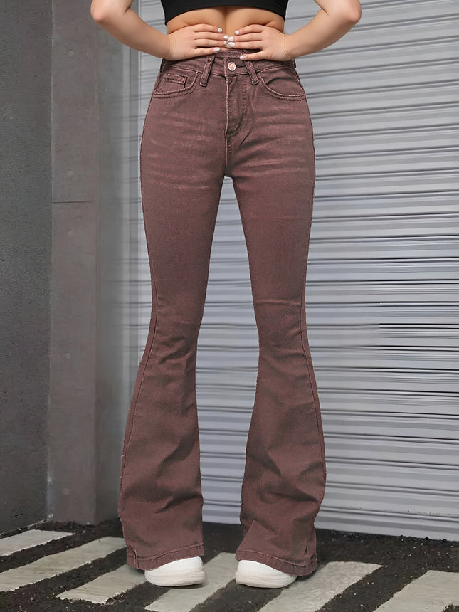 Women's Brown High Rise Flare Jeans, Washed Stretchy Bell Bottom Denim Pants