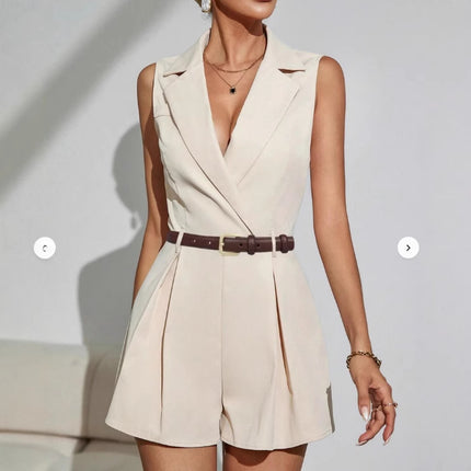 Elegant Commuter Pleated Short-Style Wide-Leg Jumpsuit