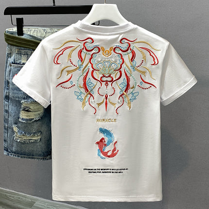 Men's Cotton Crew-Neck Versatile Ethnic-Style Embroidered Short-Sleeve T-Shirt