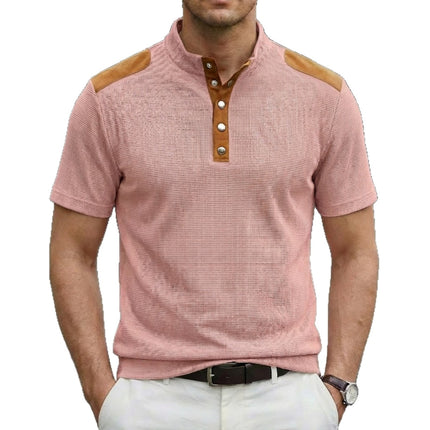 Casual Breathable Buttoned Stand Collar Color-Block Short-Sleeve Mens T-Shirt