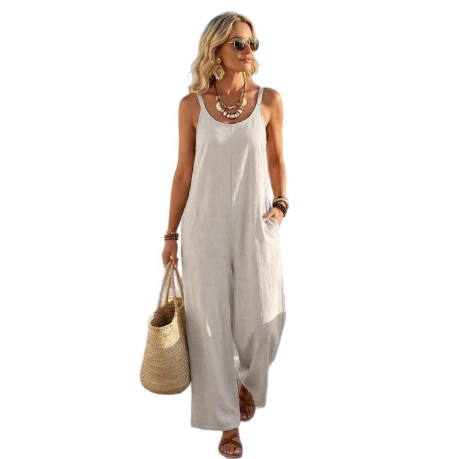 Summer Womens Casual Solid Color Khaki Wide-Leg Jumpsuit