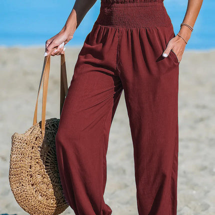 Women's Solid-Color Loose Beach Casual Ankle-Tied Pants
