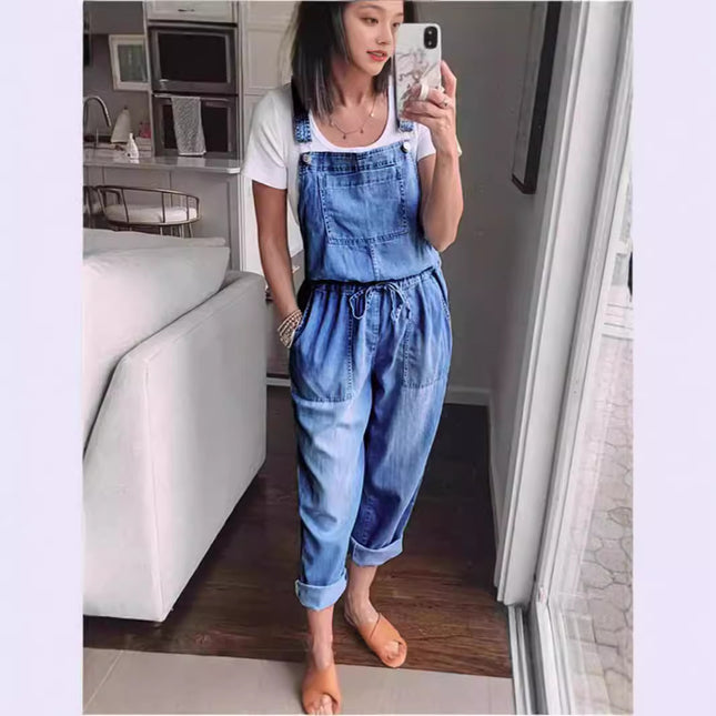 Fashionable Elastic Mid-Waist Jumpsuit Womens Pants