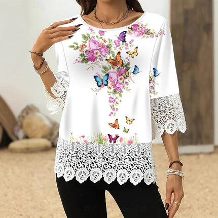 Lace-printed Three-quarter-sleeve T-shirt Top For Women