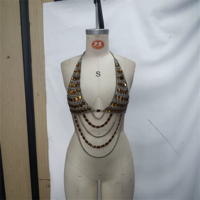 Beach Bikini Swimsuit Paired With A Gold Gemstone Chest Necklace