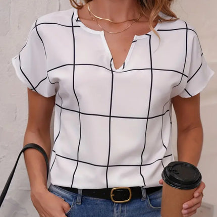 Trendy Plaid Print Short Sleeve Blouse – Notched Neck Casual Top