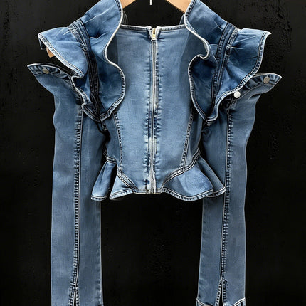 Long-sleeved Cropped Denim Jacket With Ruffled Hem