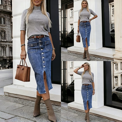 Split High Waist Slim Denim Bodycon Skirt