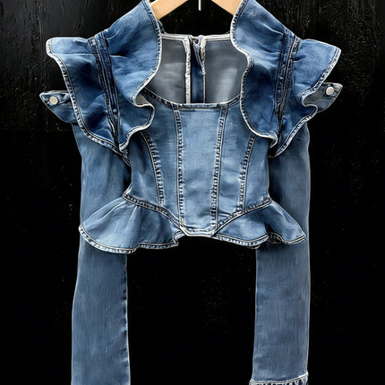 Long-sleeved Cropped Denim Jacket With Ruffled Hem