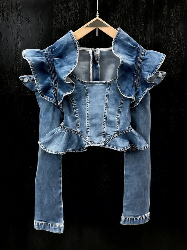 Long-sleeved Cropped Denim Jacket With Ruffled Hem