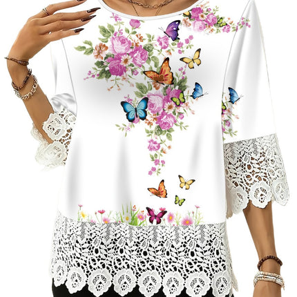 Lace-printed Three-quarter-sleeve T-shirt Top For Women