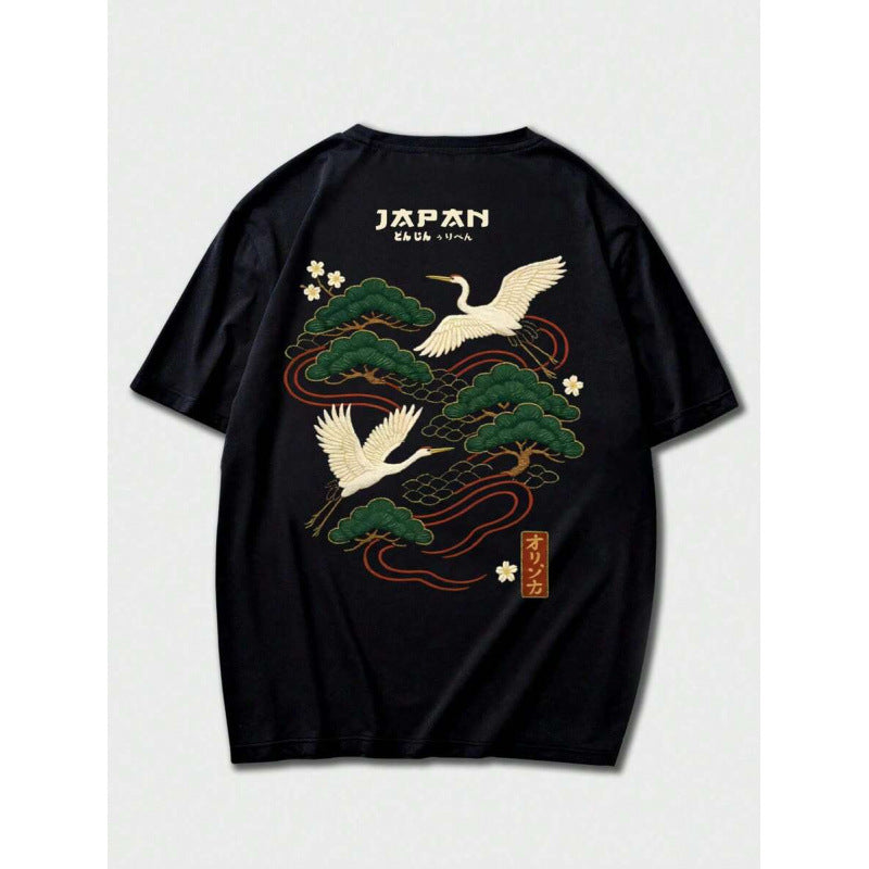 Men's Casual Versatile Simple Japanese Crane Print Top