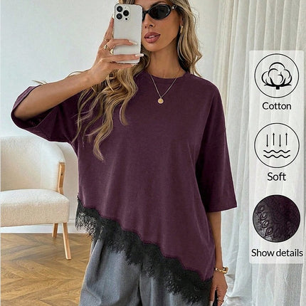 Elegant Womens Short-sleeve Dress With A Slanted Hem And Lace Paneling