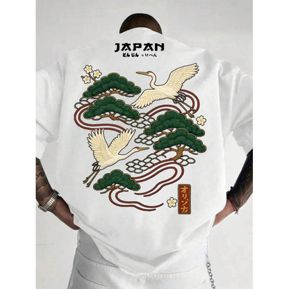 Men's Casual Versatile Simple Japanese Crane Print Top