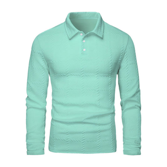 Mens Solid-Color Lapel Front-Button Long-Sleeve Polo Shirt