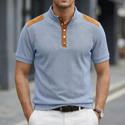Casual Breathable Buttoned Stand Collar Color-Block Short-Sleeve Mens T-Shirt