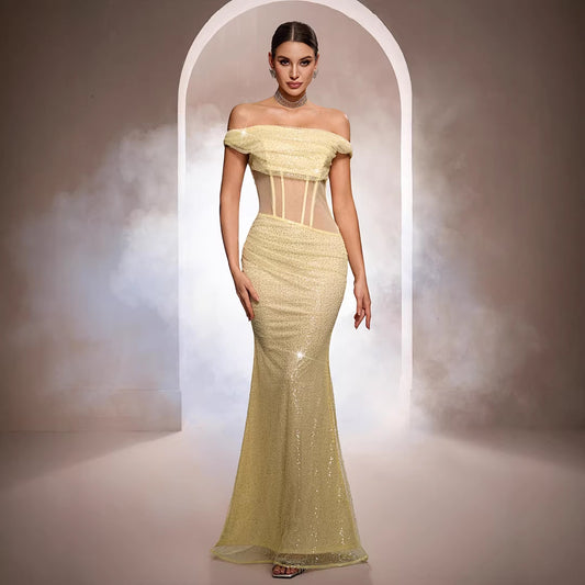 Sleeveless Off-the-shoulder Sequined Mermaid Evening Gown
