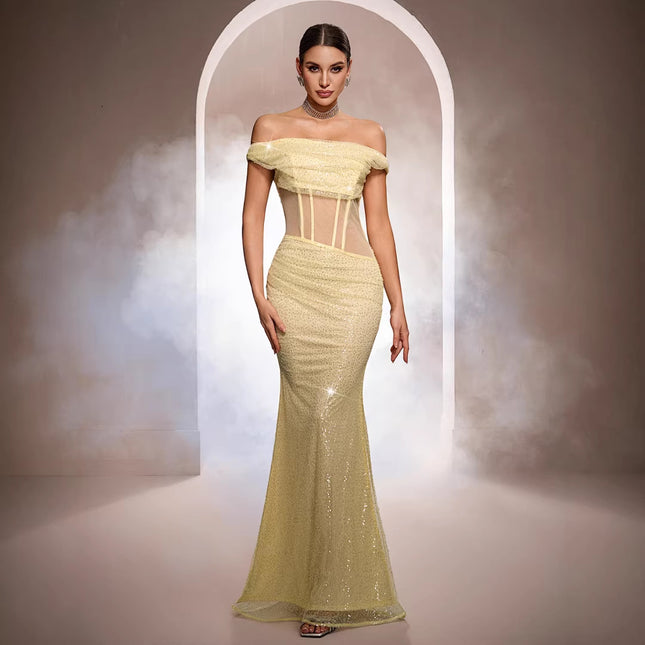 Sleeveless Off-the-shoulder Sequined Mermaid Evening Gown