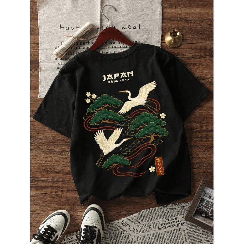 Men's Casual Versatile Simple Japanese Crane Print Top