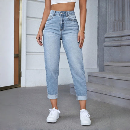 Women's Light Blue Casual Rolled Cuff Ankle-Length Stretch Skinny Jeans For Spring & Summer