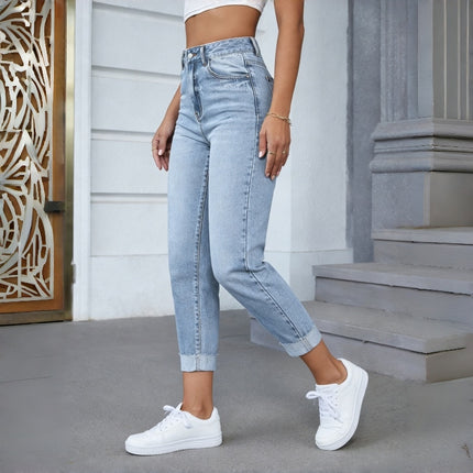 Women's Light Blue Casual Rolled Cuff Ankle-Length Stretch Skinny Jeans For Spring & Summer