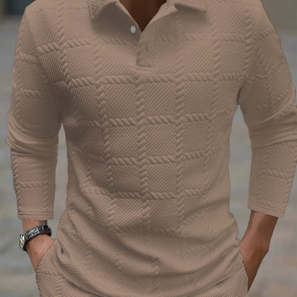 Mens Solid-Color Lapel Front-Button Long-Sleeve Polo Shirt