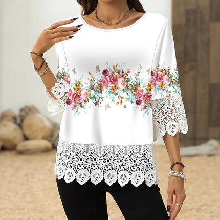 Lace-printed Three-quarter-sleeve T-shirt Top For Women