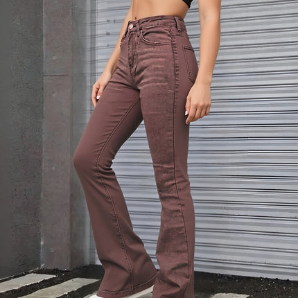 Women's Brown High Rise Flare Jeans, Washed Stretchy Bell Bottom Denim Pants